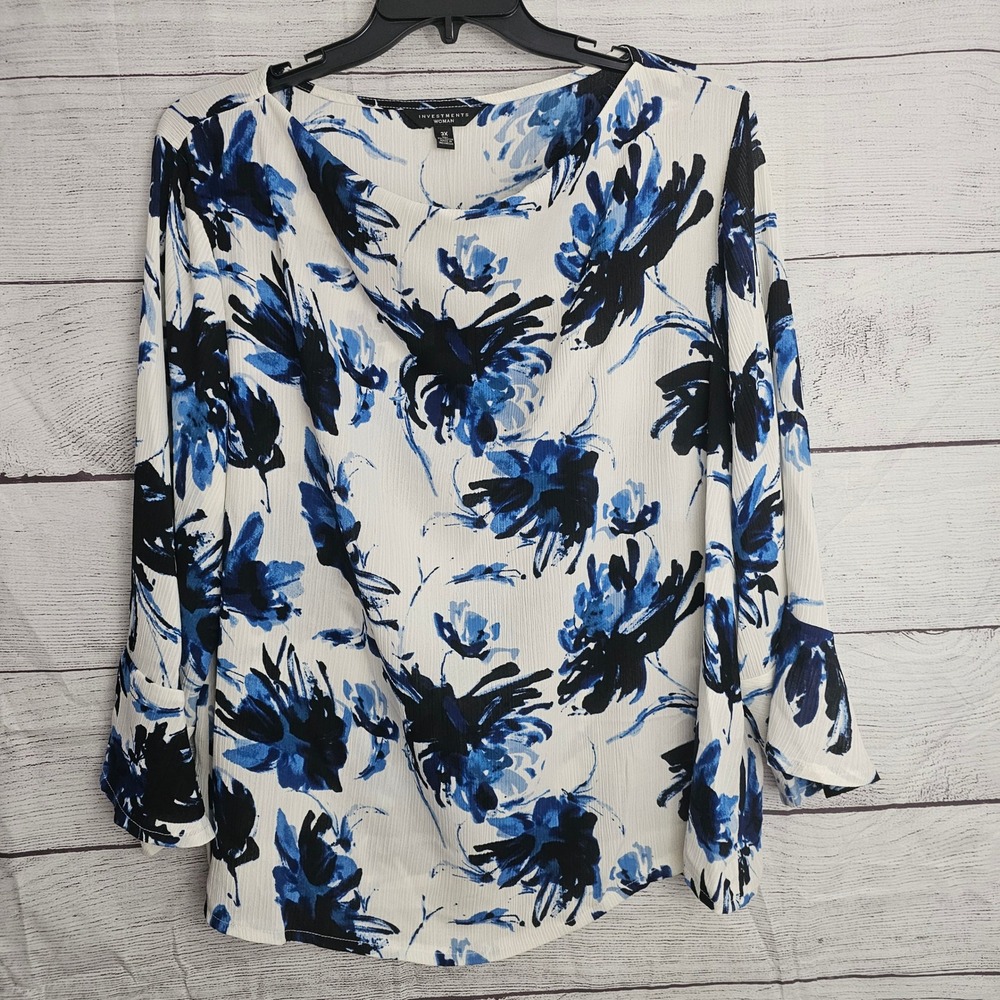 Investments Woman 3X Expressive Blooms Cowl Neck Blue Floral Shirt NWT 1338